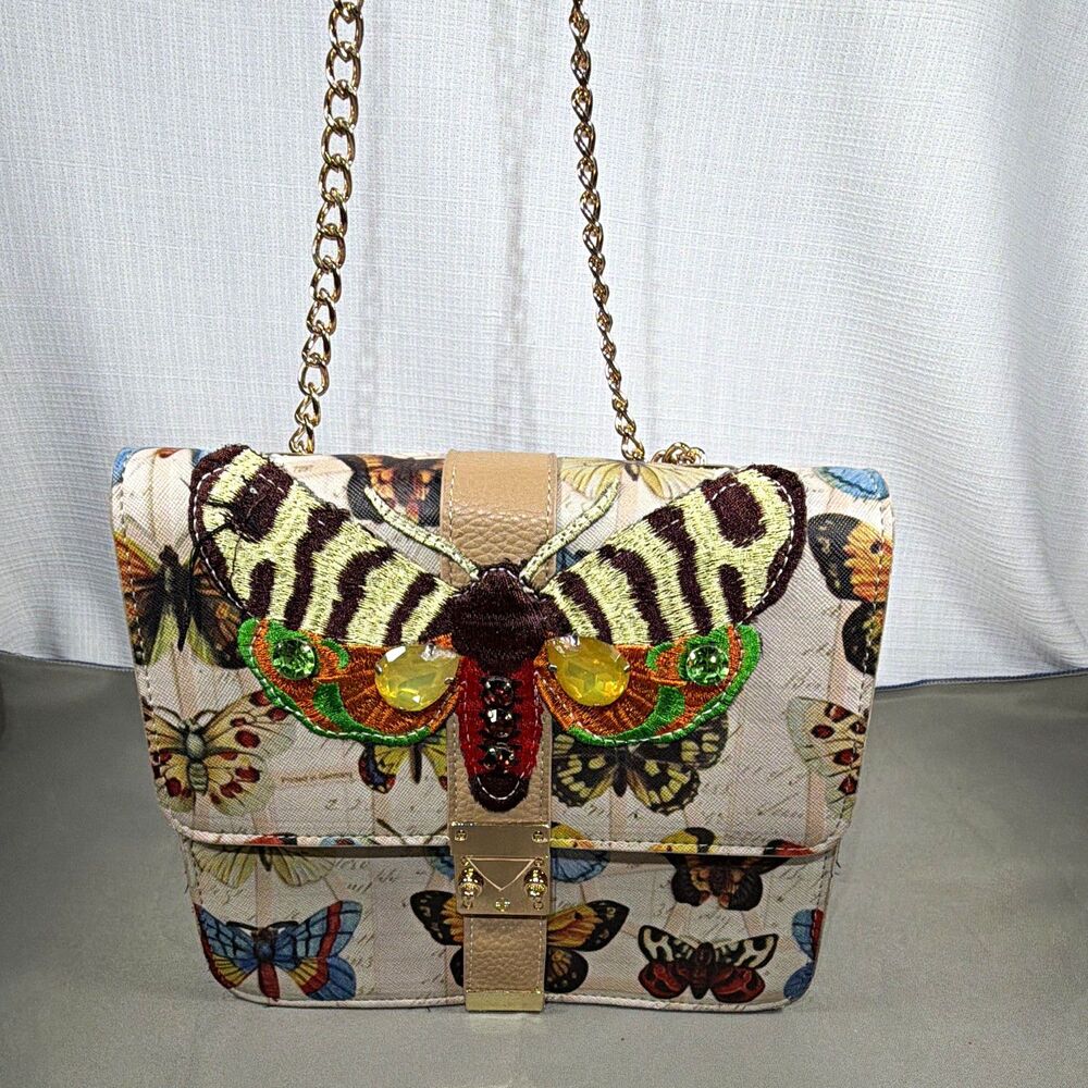 INZI Vegan Leather Butterfly Print Embellished Push Lock Crossbody Chain Bag